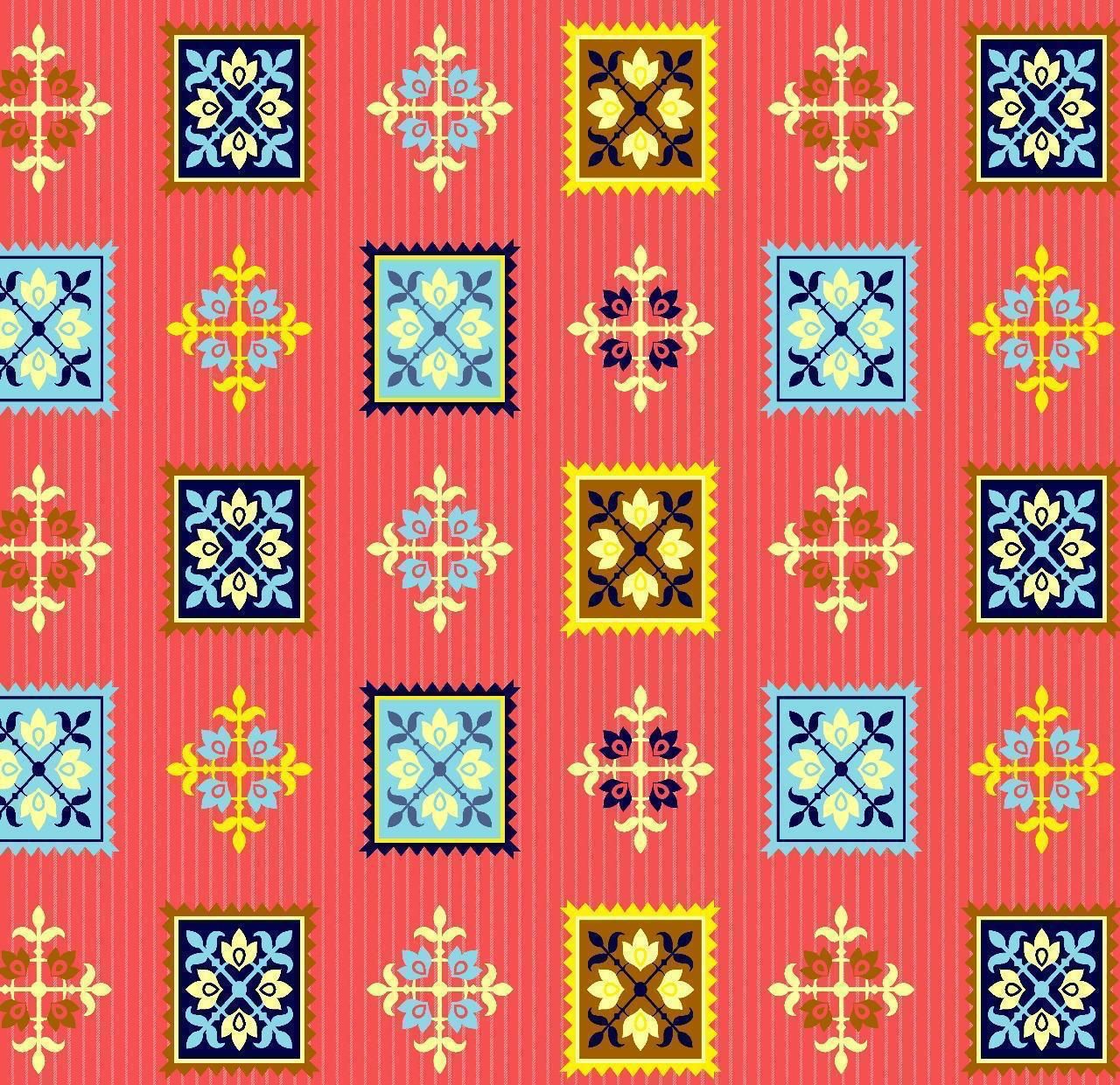 Pattern of colorful geometric shapes on a red background