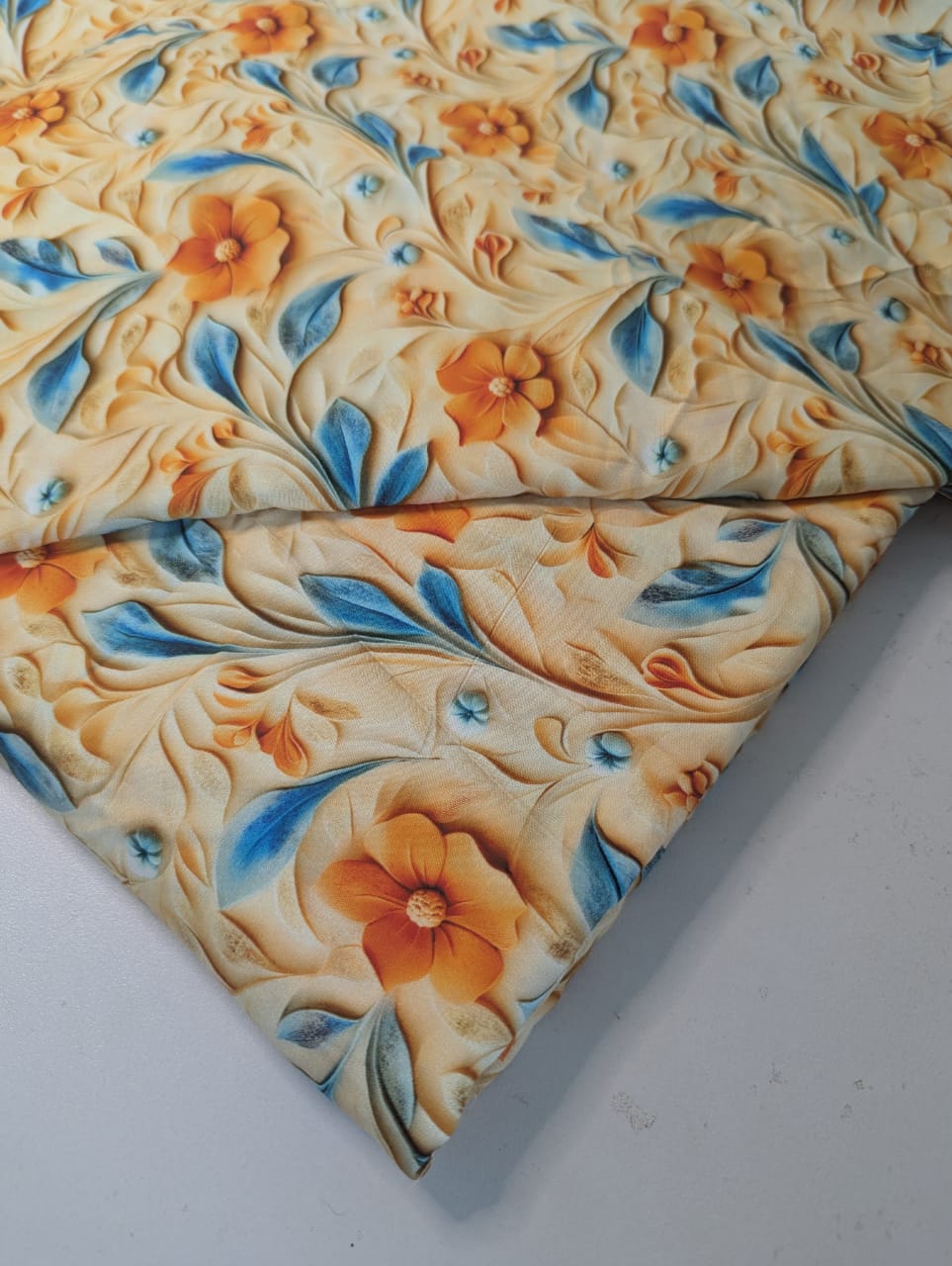 5D Linen Two Piece all over Unstitched Dress - Mint Garden with Coral Pearl Blooms - linen-5d-004