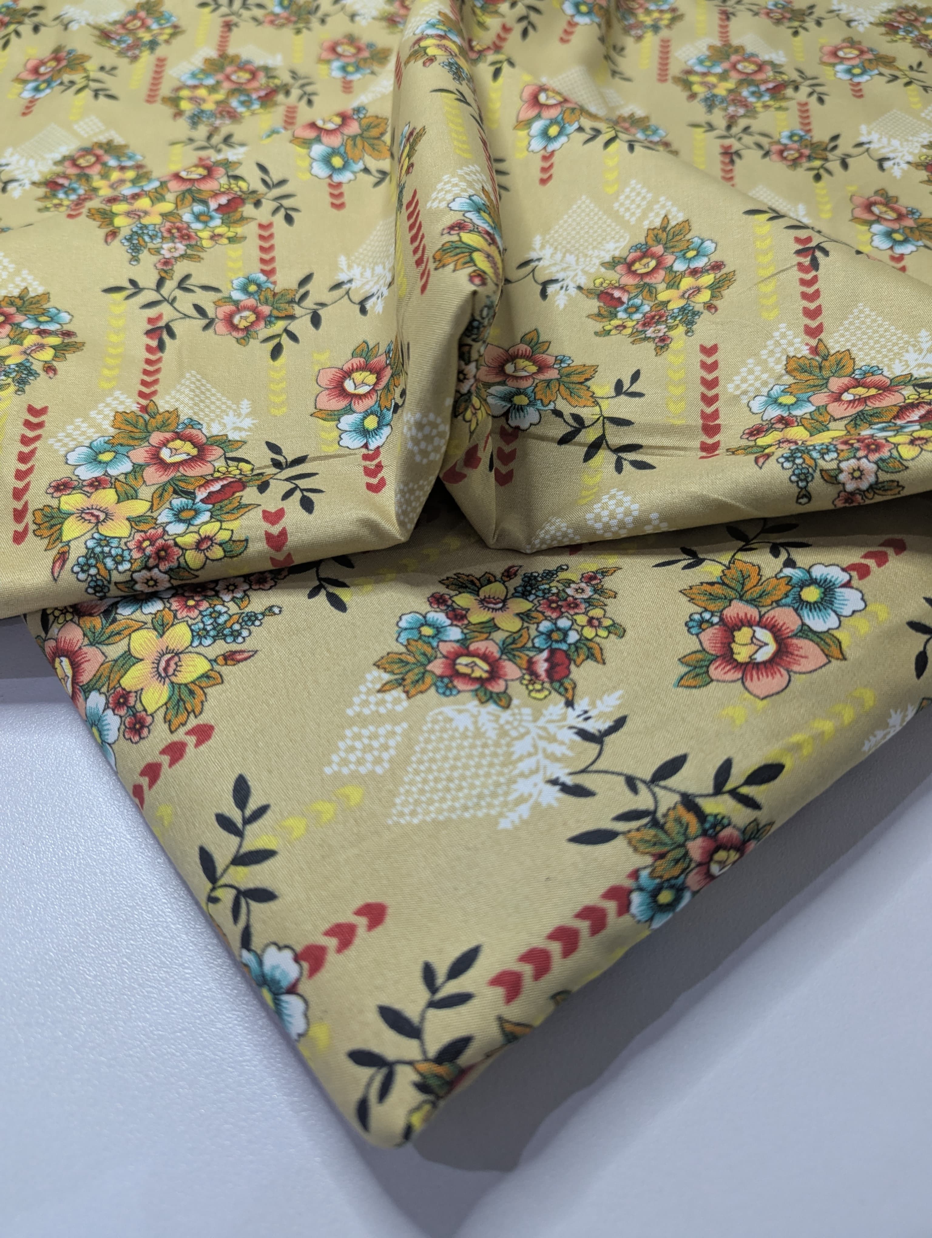 Floral patterned fabric on a light gray background