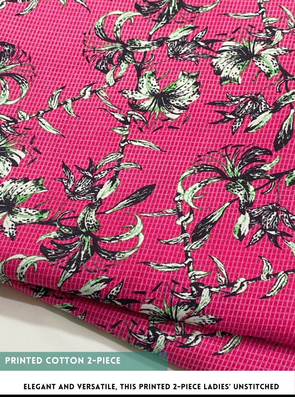 Floral patterned fabric on a pink background with text at the bottom.