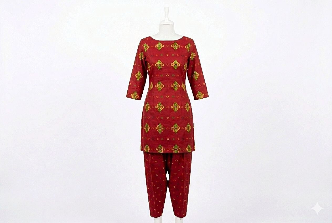 Red outfit with gold patterns on a white background