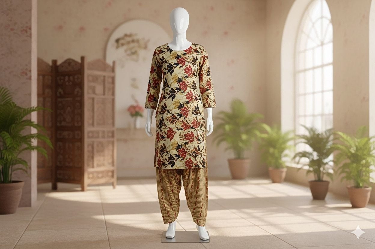 Mannequin wearing a floral dress and pants in a room with plants and a mirror.