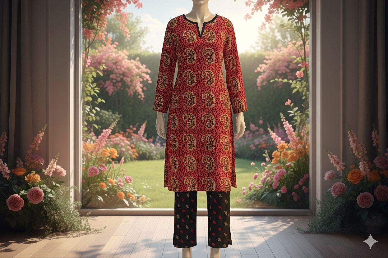Red patterned kurta with black pants on a mannequin in front of a window with floral garden view.