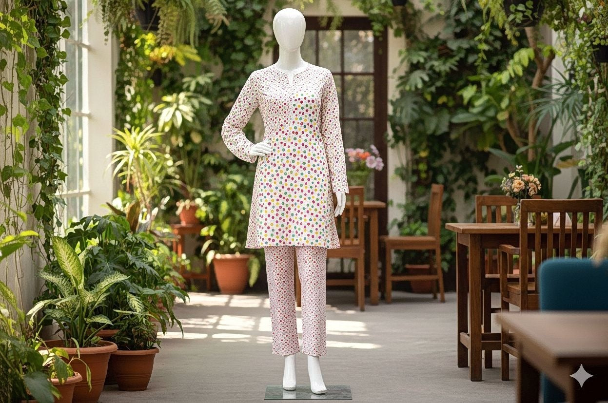 Mannequin wearing a patterned outfit in an indoor setting with plants and furniture.