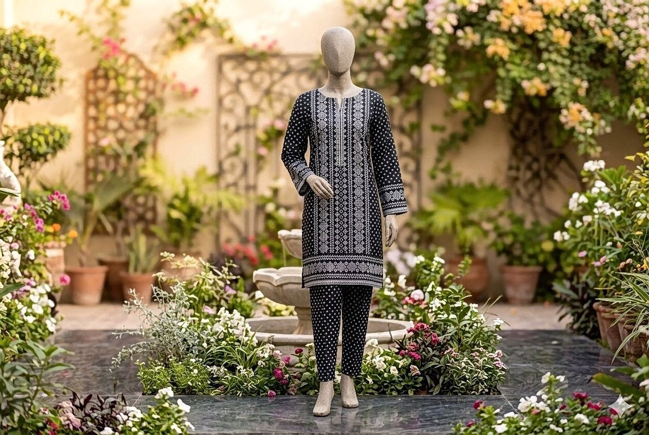 Mannequin wearing a black and white patterned outfit in a garden setting
