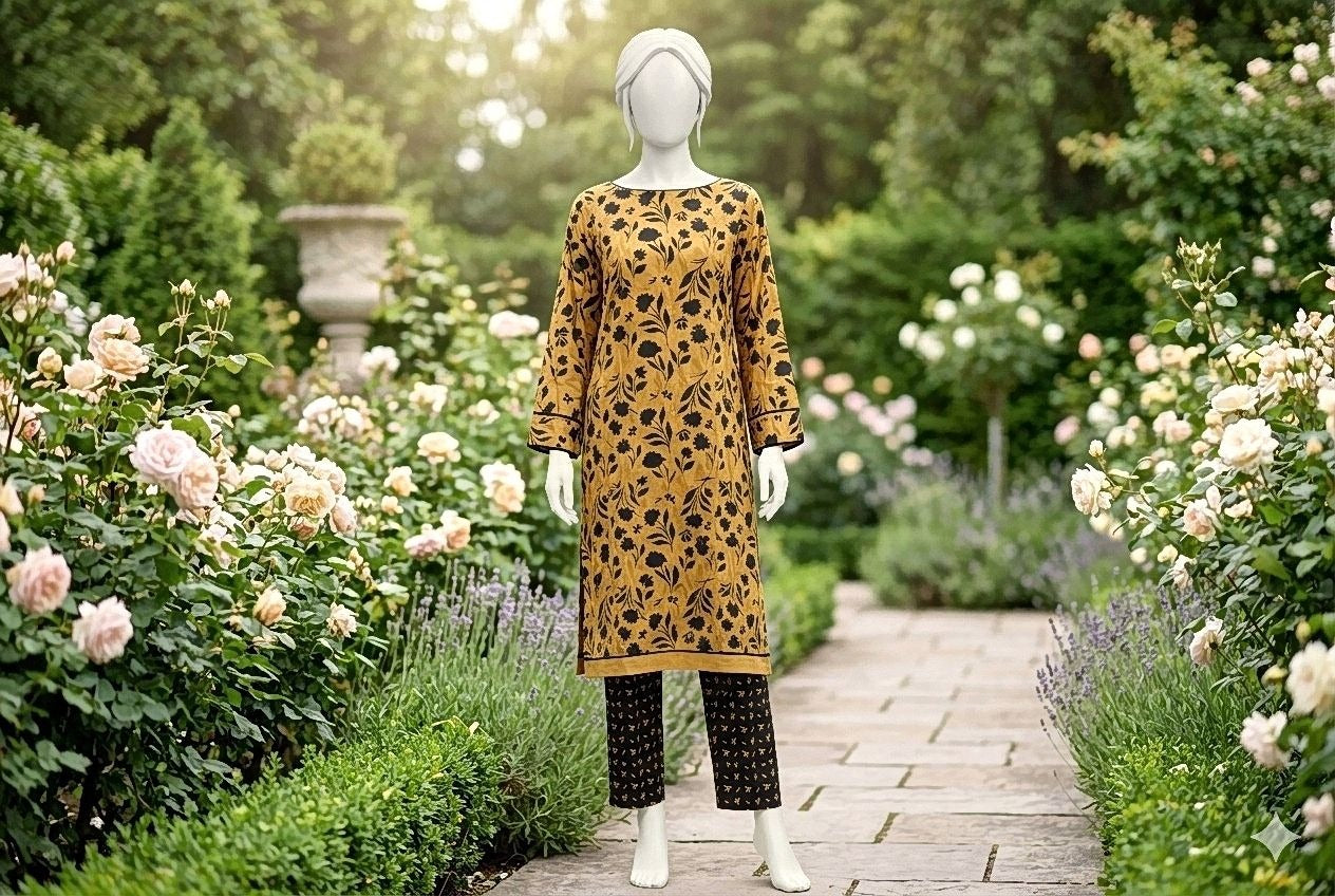 Mannequin wearing a patterned dress in a garden setting