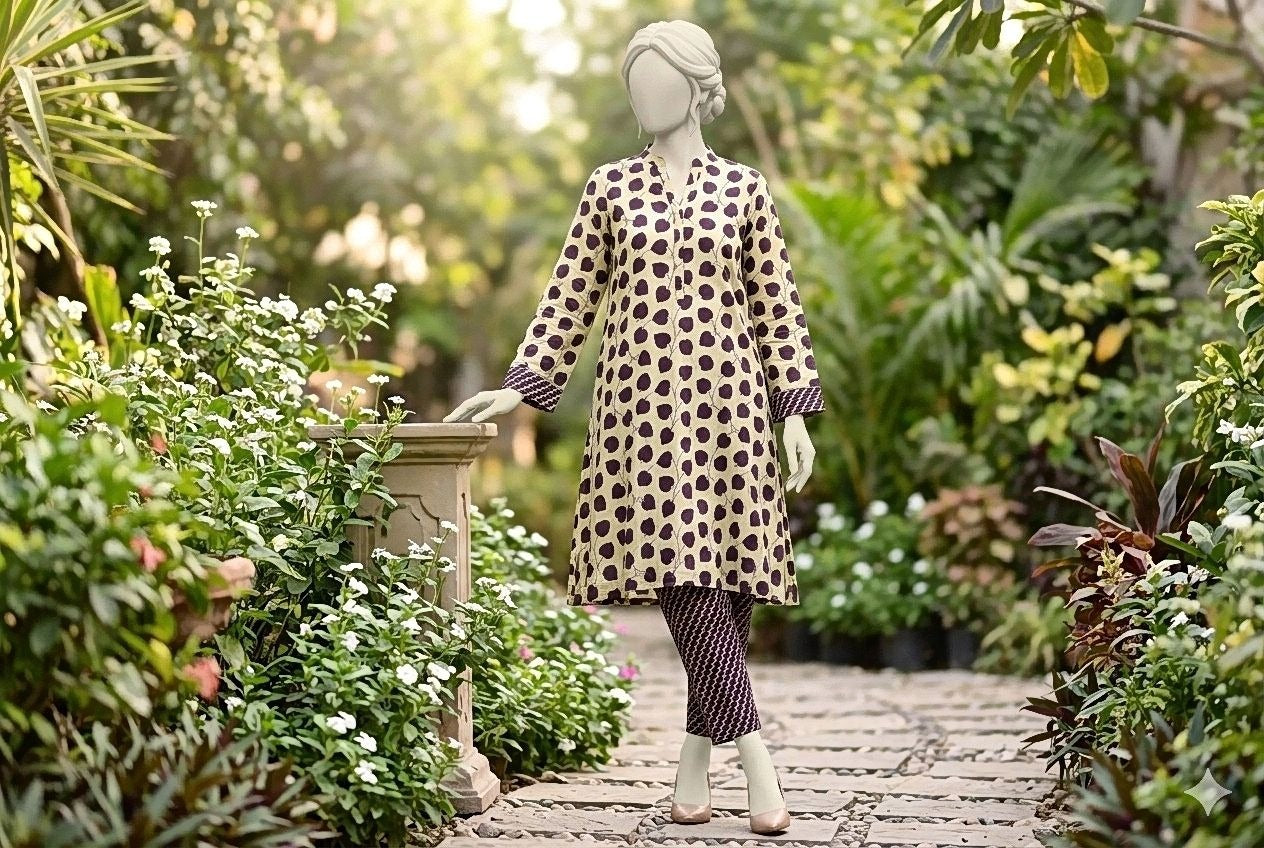 Mannequin wearing a polka dot dress in a garden setting