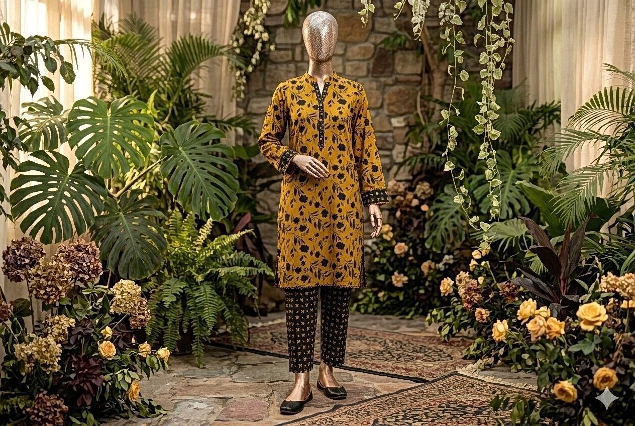 Mannequin wearing a yellow patterned outfit in a decorative setting with plants and flowers.