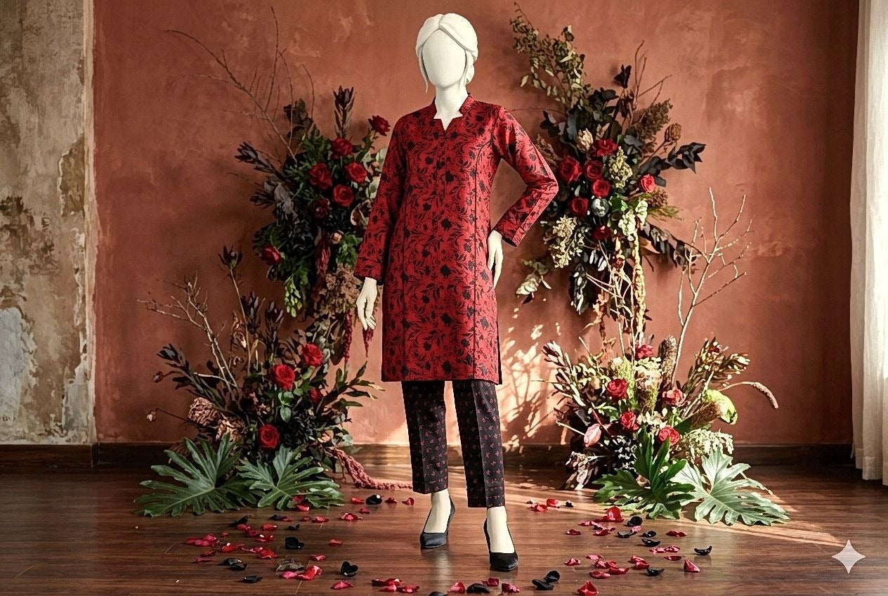 Mannequin wearing a red dress with black patterns in a room with decorative flowers and a textured wall.