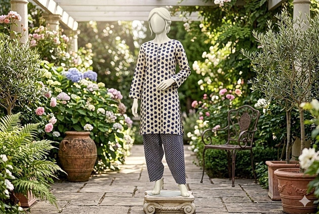 Mannequin wearing a black and white patterned outfit in a garden setting with flowers and plants.