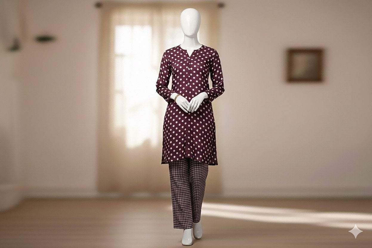 Mannequin wearing a maroon polka dot top and checkered pants in a softly lit room.