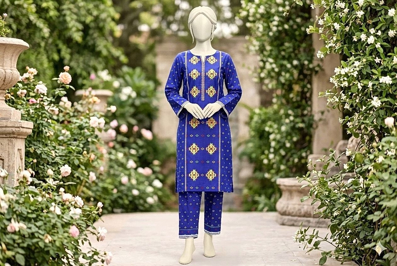 Mannequin wearing a blue embroidered outfit in a garden setting