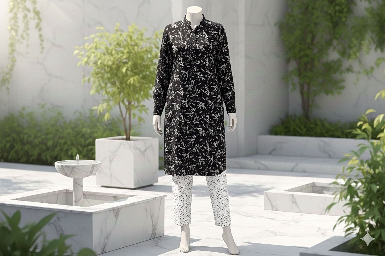Mannequin wearing a black floral dress in an outdoor setting with greenery and marble elements.