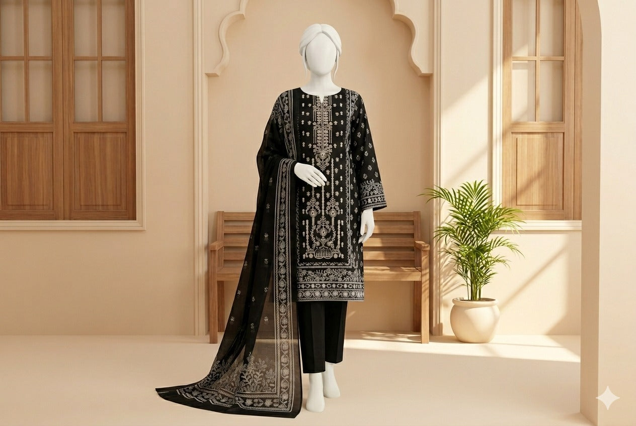 Mannequin wearing a black embroidered outfit in a room with wooden shutters and a plant.