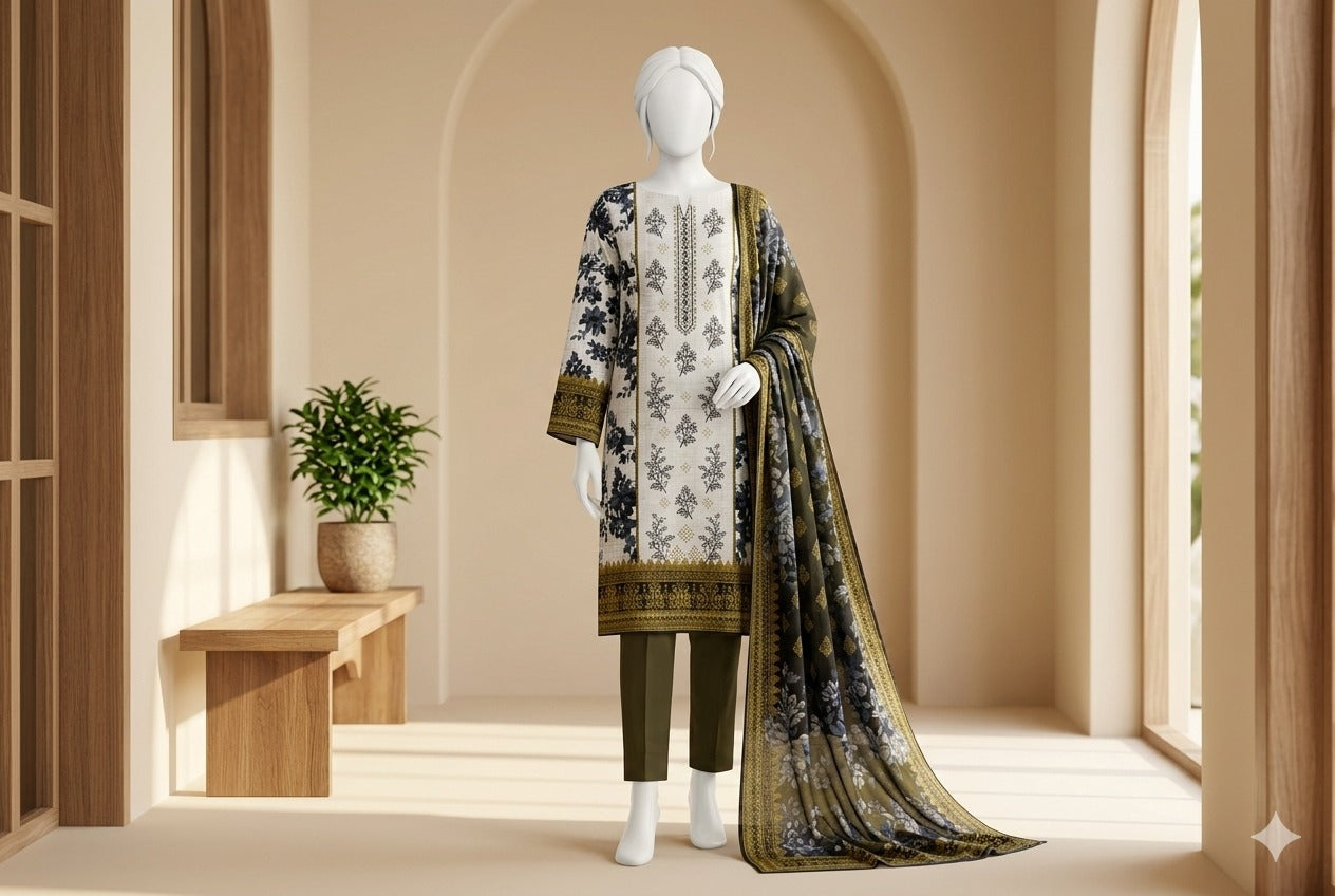 Mannequin wearing a traditional outfit with a floral design in a minimalistic setting