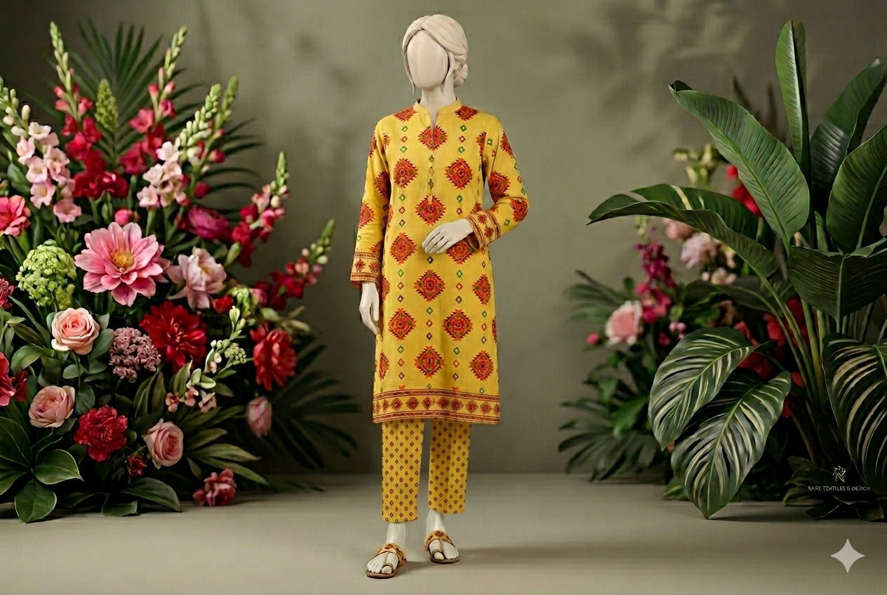 Mannequin wearing a yellow outfit with red patterns in front of floral arrangements.