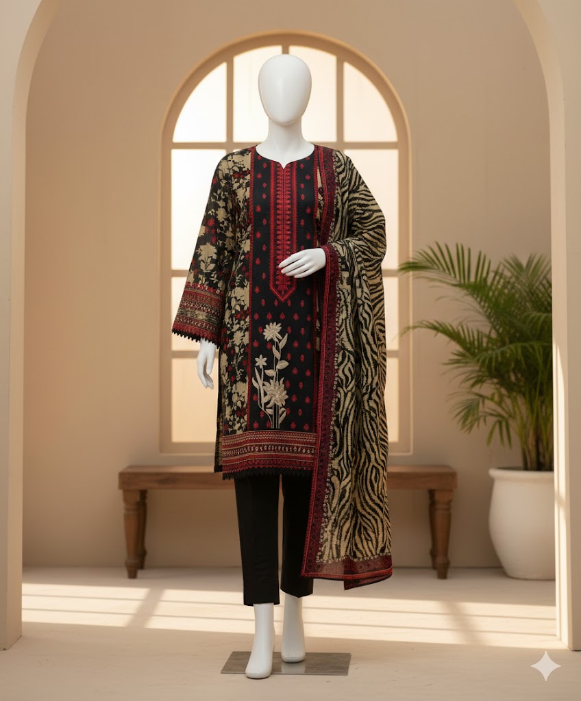 Mannequin wearing a patterned outfit with a black and red design in a decorative setting.