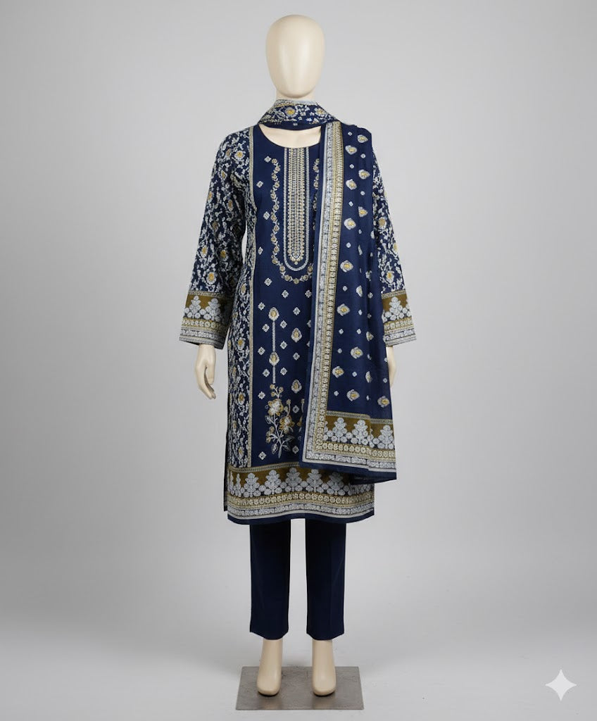 Mannequin wearing a navy blue embroidered outfit with white patterns on a gray background