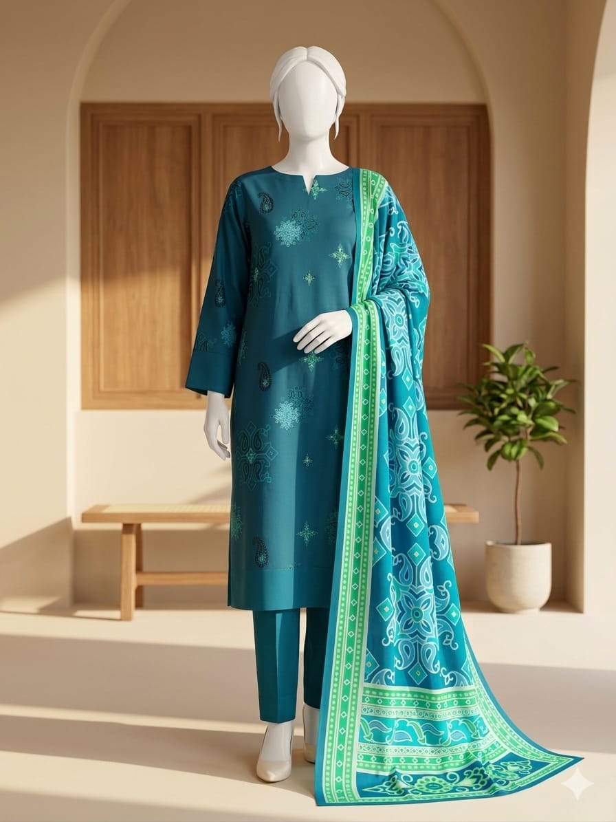 Teal traditional outfit with a matching dupatta on a mannequin against a neutral background