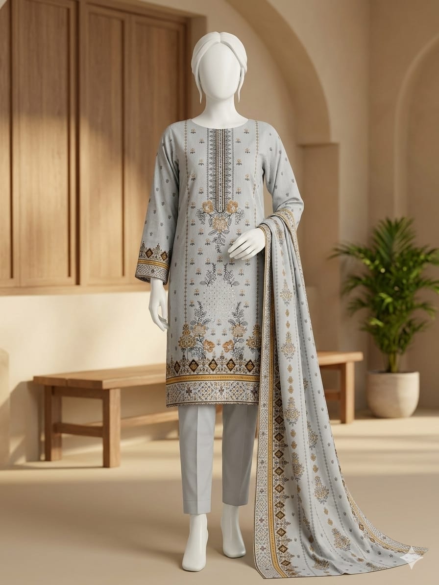 Mannequin wearing a light gray traditional outfit with intricate patterns in a neutral setting.