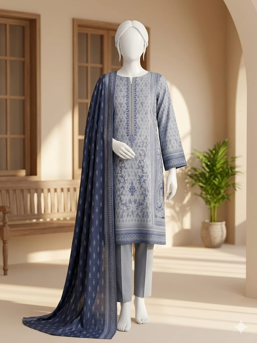 Mannequin wearing a blue and white traditional outfit with a matching dupatta in a bright room.