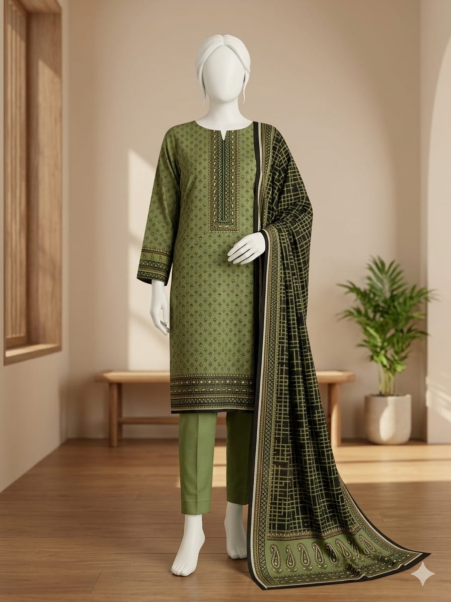 Mannequin wearing a green traditional outfit with a matching dupatta in a minimalistic room.