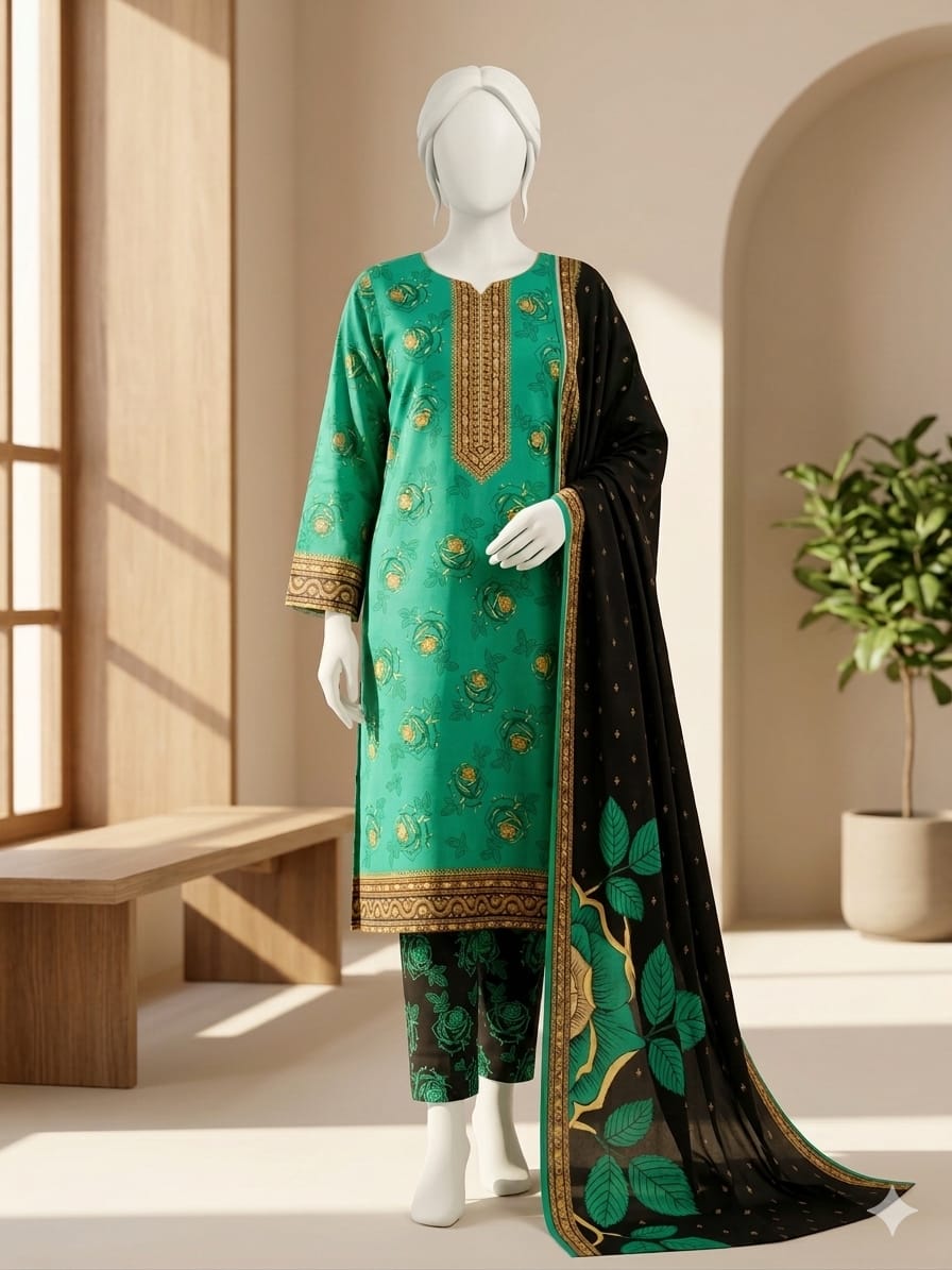 Green and black traditional outfit with embroidery on a mannequin in a bright room.