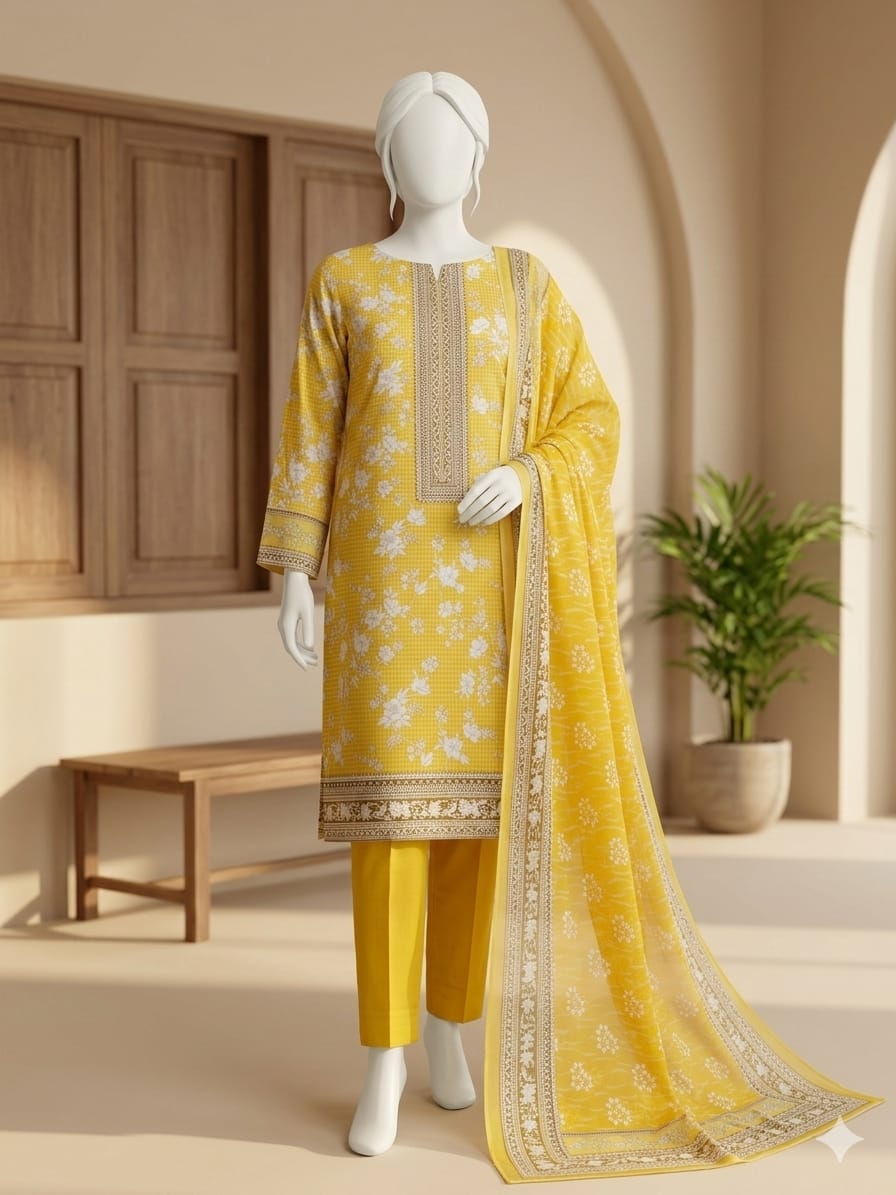 Yellow embroidered traditional outfit on a mannequin in a minimalistic room.