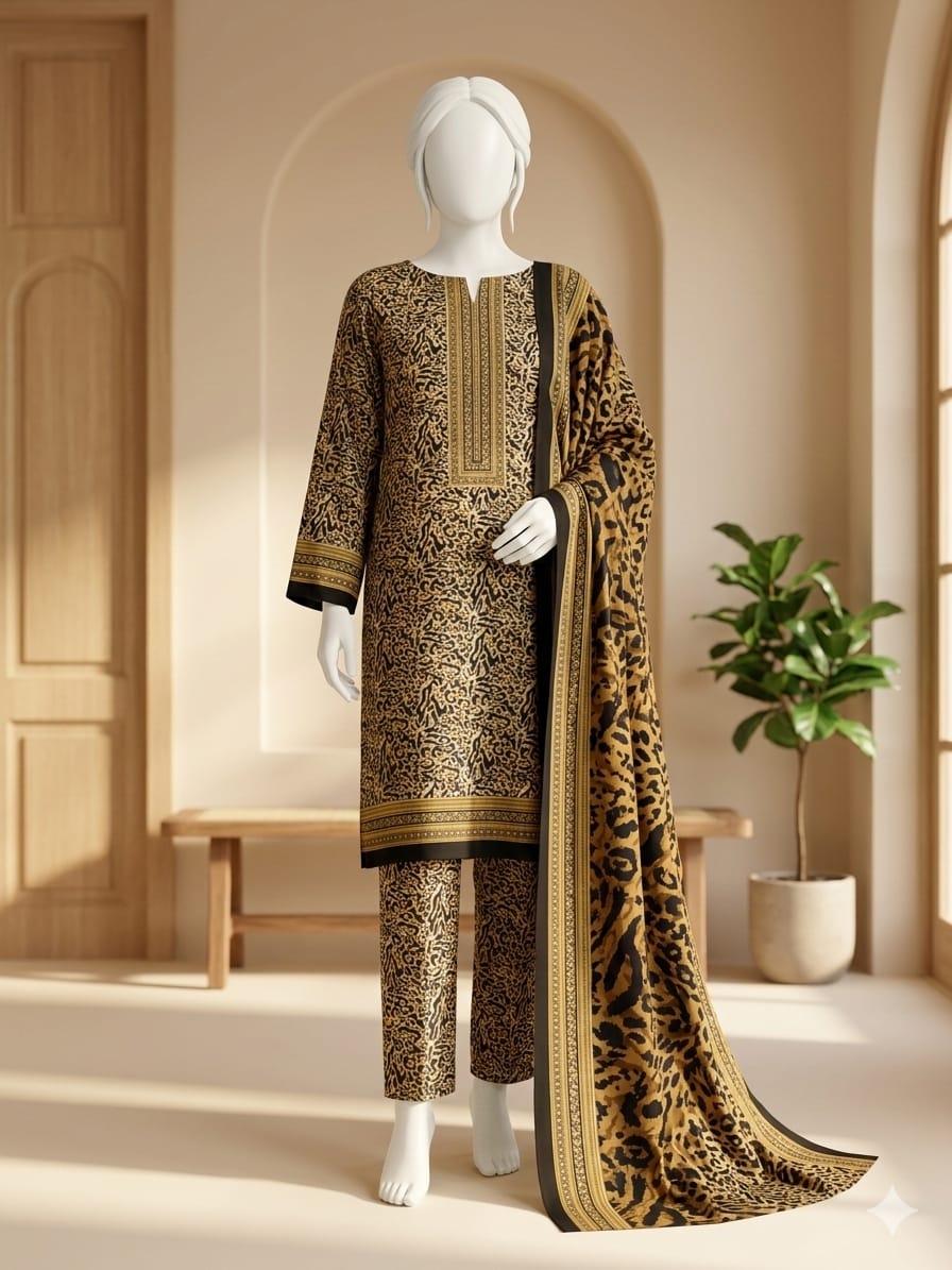 Mannequin wearing a patterned outfit with a long scarf in a bright room.