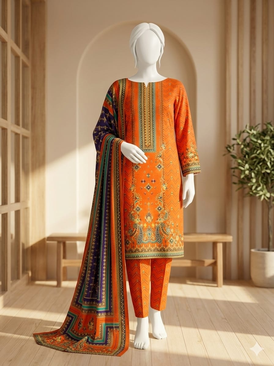 Orange embroidered traditional outfit on a mannequin in a bright room with wooden floor and plant.