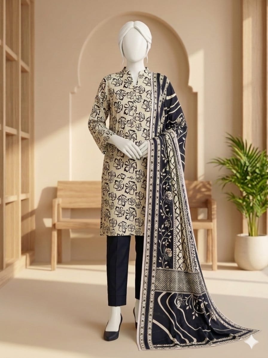 Mannequin wearing a long, patterned coat in a bright room with plants and furniture.