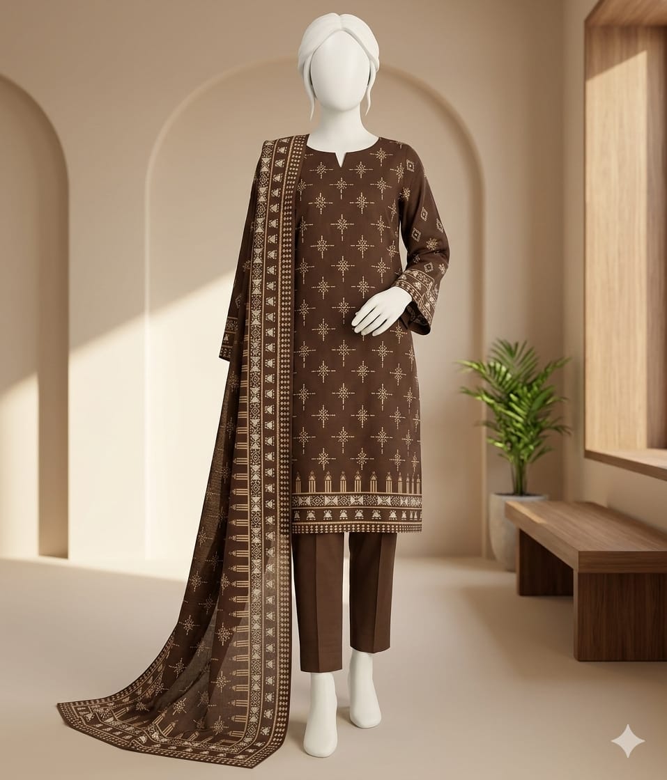 Mannequin wearing a brown traditional outfit with a patterned dupatta in a minimalistic setting.