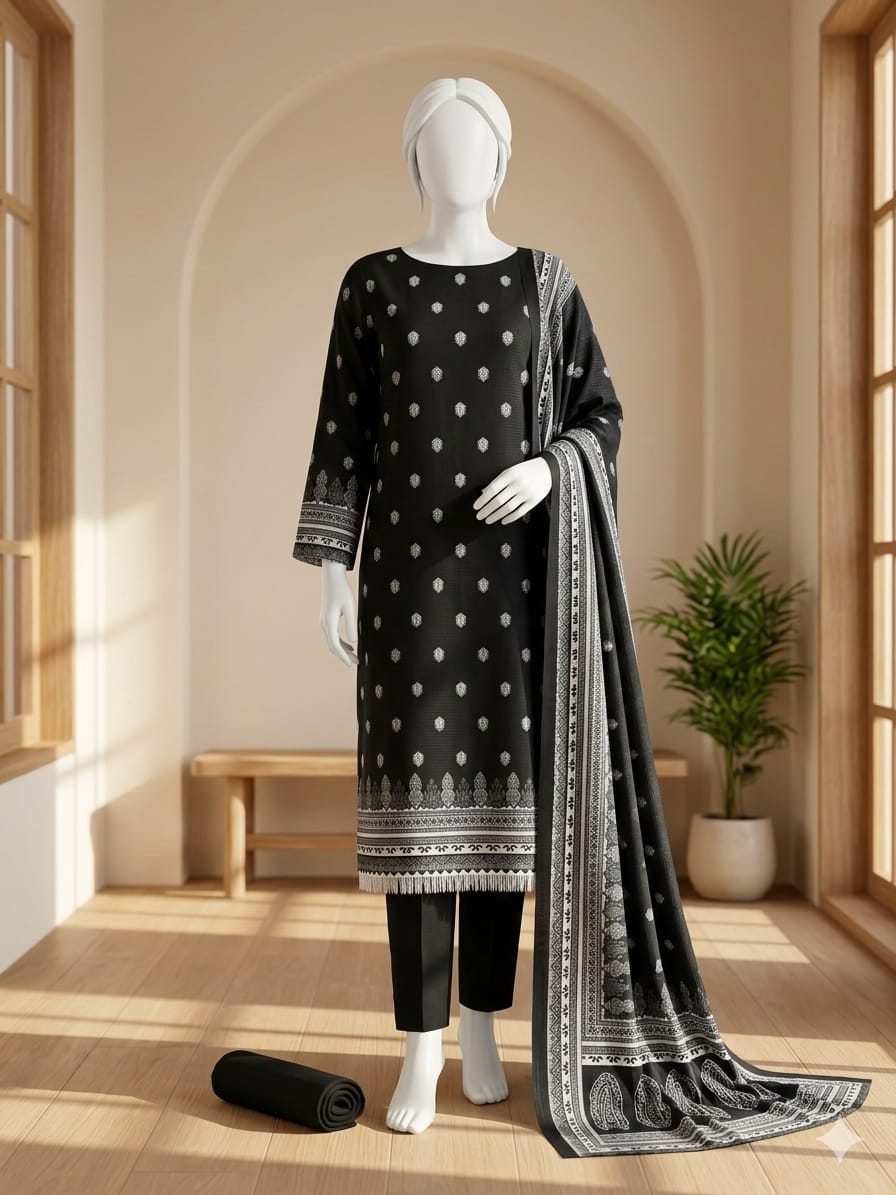 Black traditional outfit with white patterns on a mannequin in a bright room.