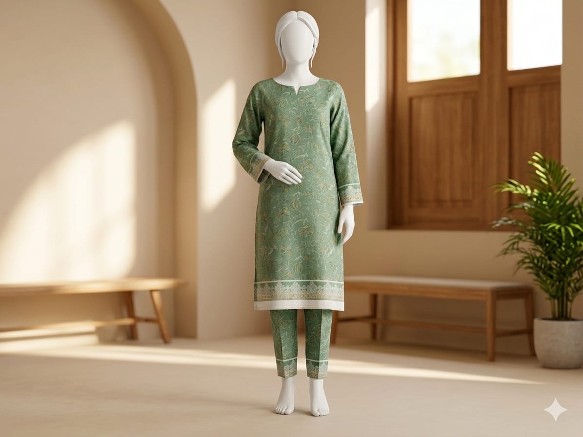 Mannequin wearing a green patterned outfit in a bright room with wooden furniture and a plant.