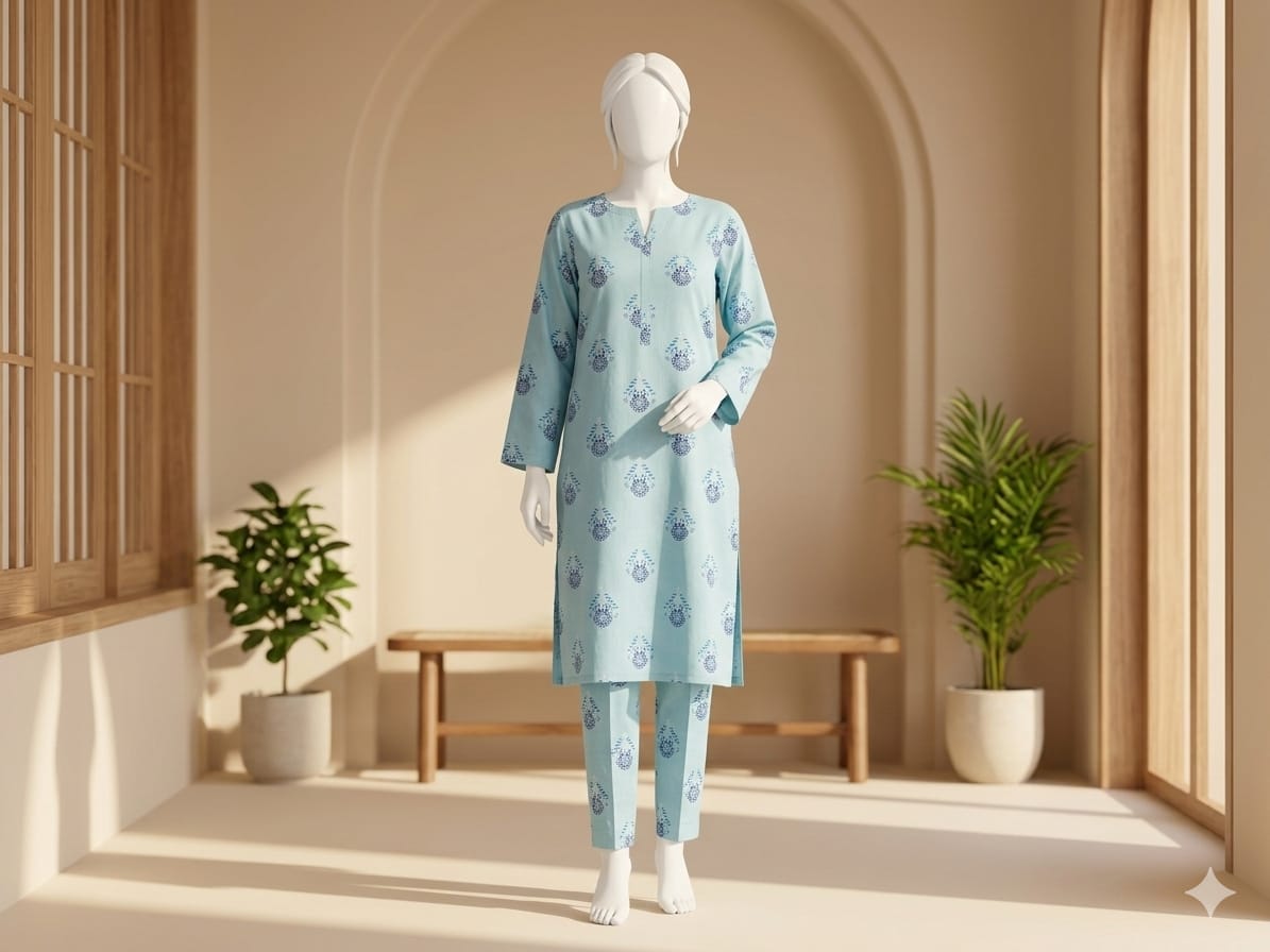 Mannequin wearing a light blue outfit with floral patterns in a bright room with plants.