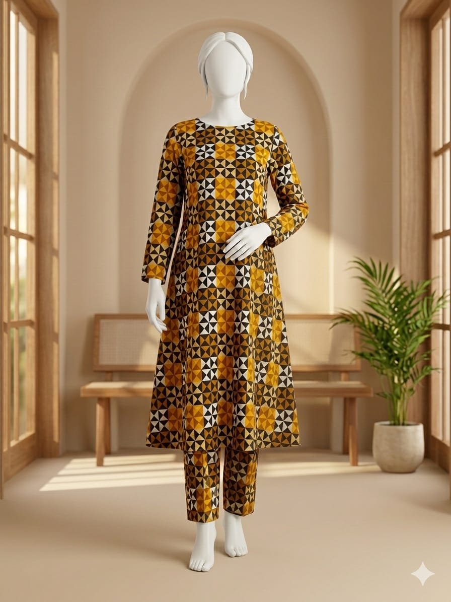 Mannequin wearing a patterned outfit in a bright room with large windows.