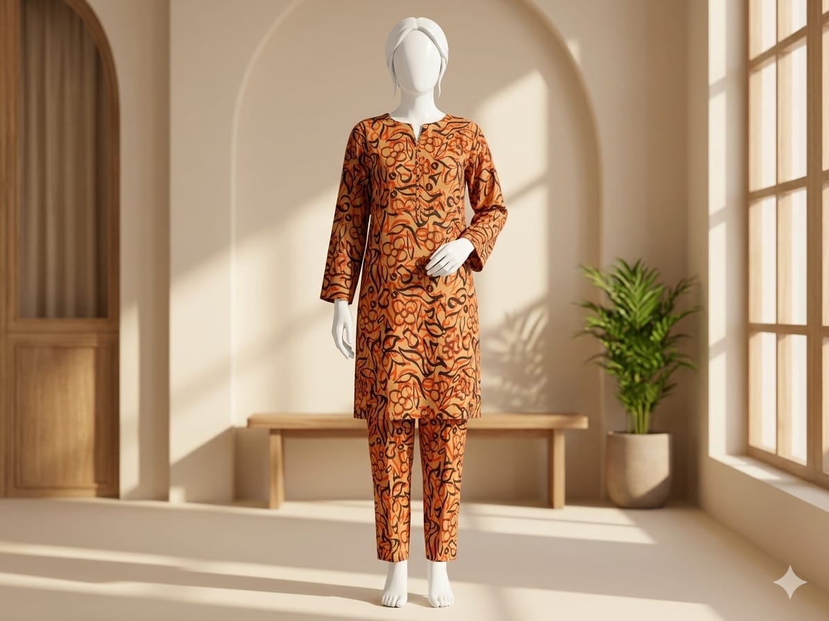 Mannequin wearing an orange patterned outfit in a sunlit room with a plant and bench.