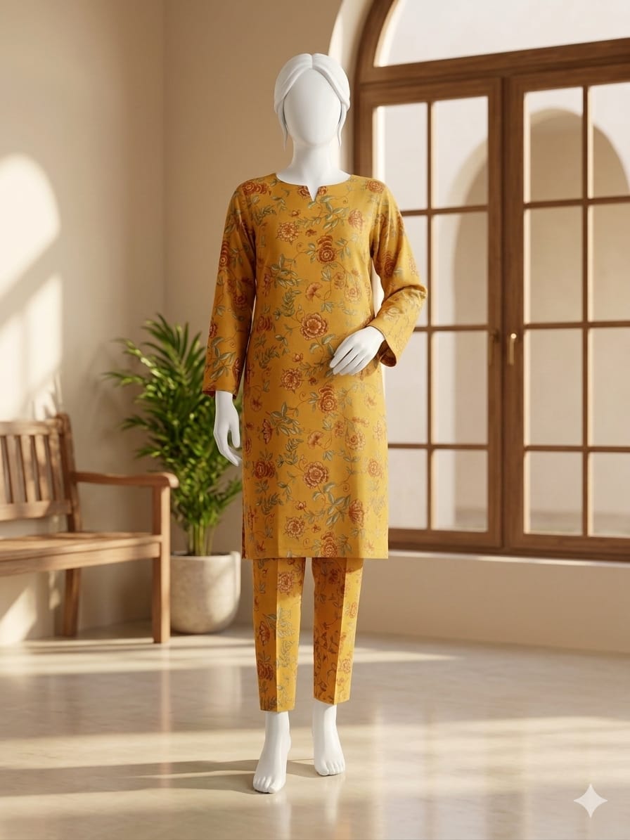 Mannequin wearing a mustard yellow floral dress in a bright room with a window and plant.