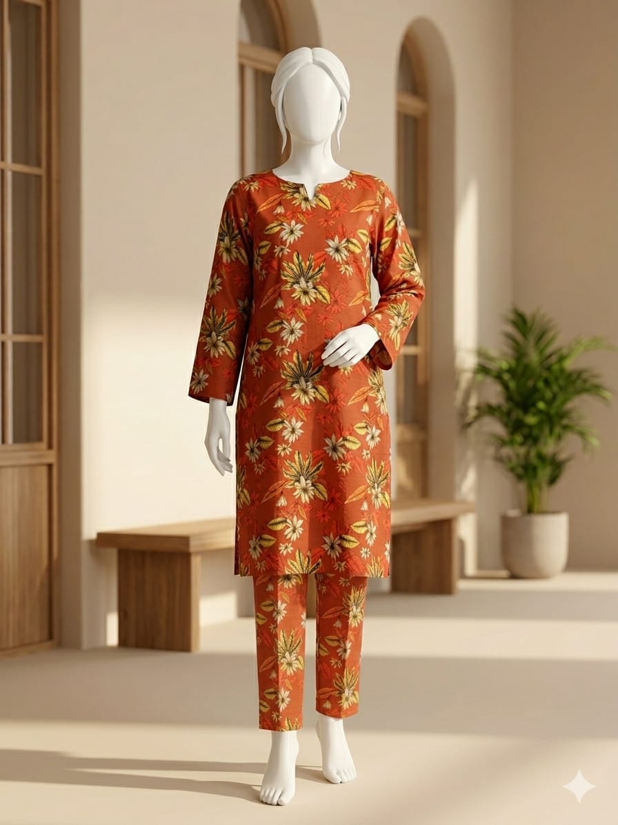 Mannequin wearing an orange floral outfit in a minimalistic room with a plant.