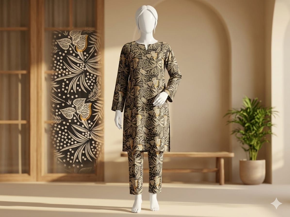 Mannequin wearing a patterned outfit in a room with a decorative wall and plant.