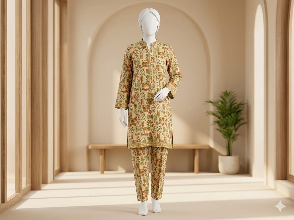 Mannequin wearing a patterned outfit in a bright, minimalistic room with a plant.