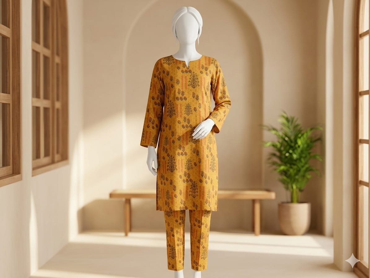 Mannequin wearing a mustard yellow patterned outfit in a bright room with a plant.