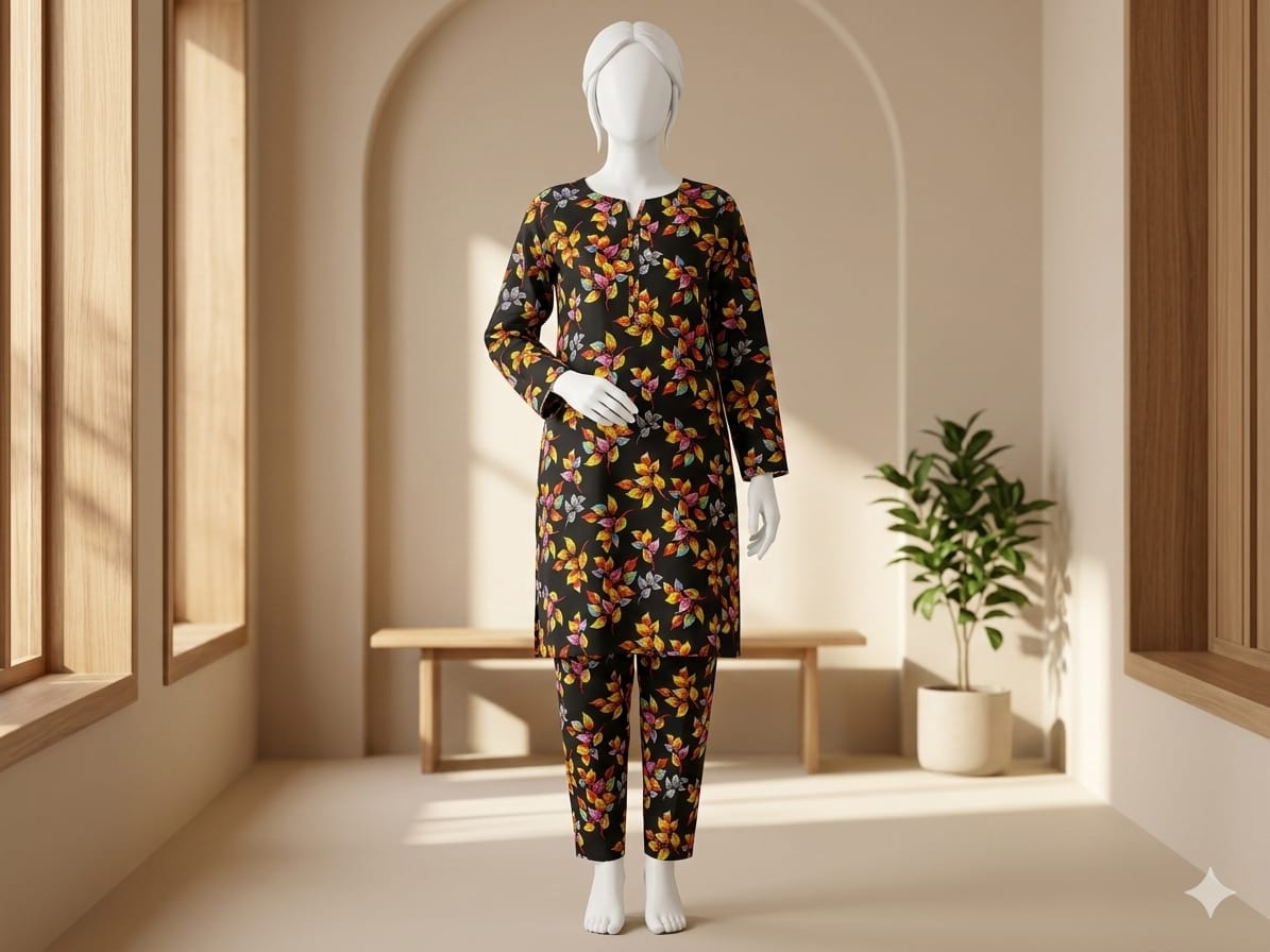 Mannequin wearing a floral dress and pants in a bright room with wooden frames and a plant.