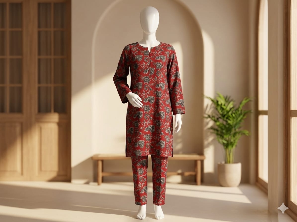 Red patterned outfit on a mannequin in a bright room with large windows.