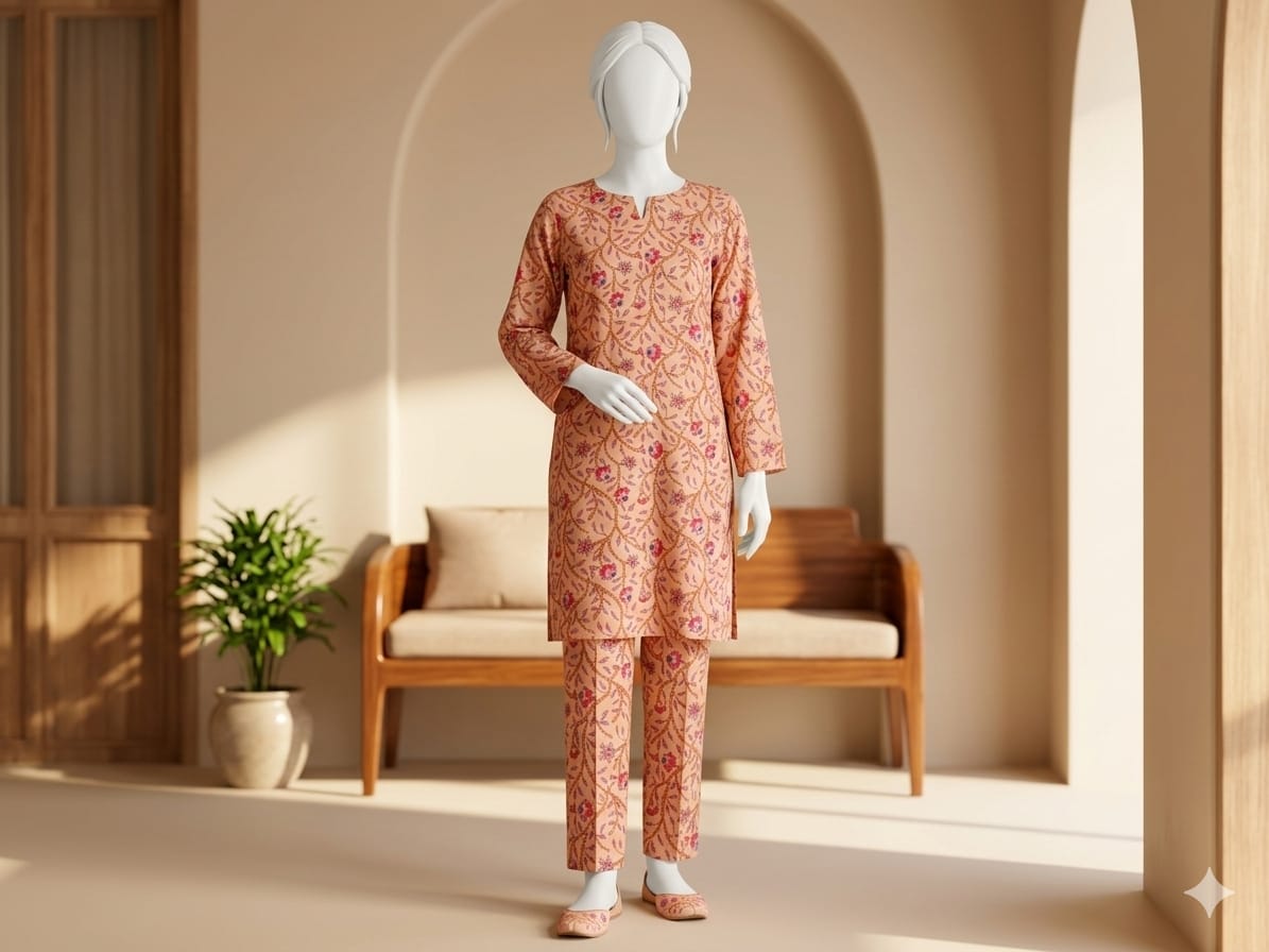 Mannequin wearing a floral outfit in a sunlit room with a wooden bench and plant.