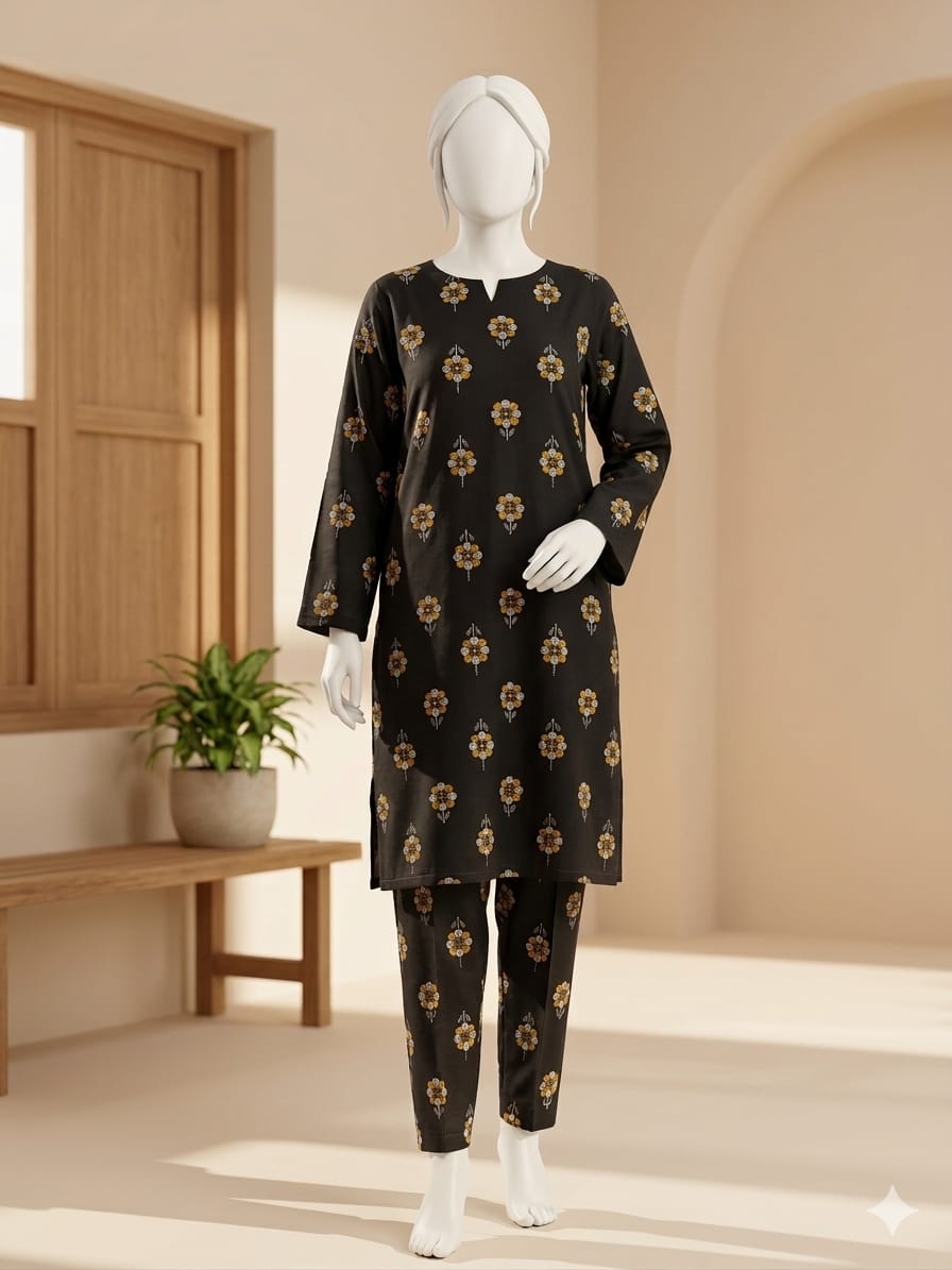 Mannequin wearing a black floral outfit in a minimalistic room with a wooden bench and plant.