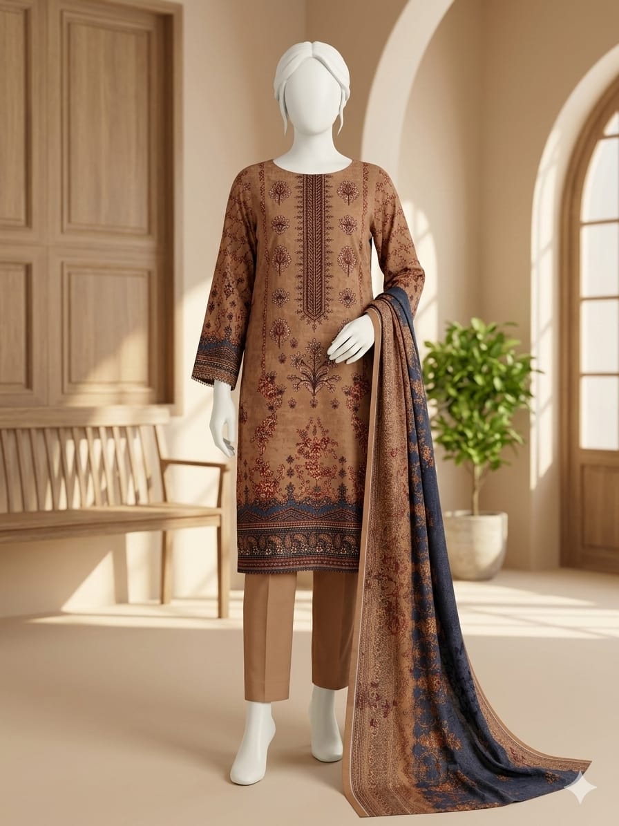 Mannequin wearing a brown and blue embroidered outfit with a matching dupatta in a bright room. 9694
