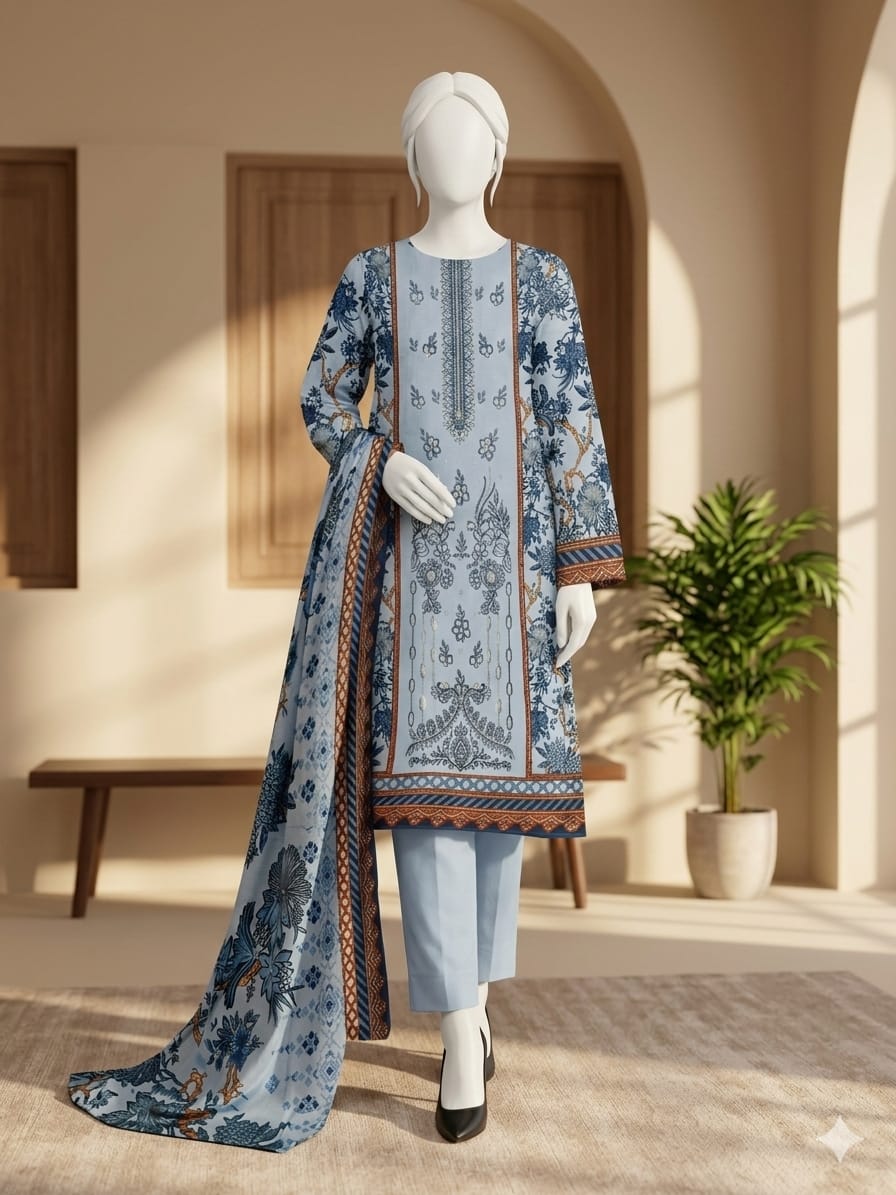 Mannequin wearing a blue patterned outfit with a matching dupatta in a room with wooden benches and a plant.