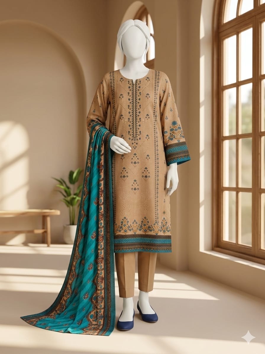 Mannequin wearing a beige embroidered outfit with a blue dupatta in a bright room.