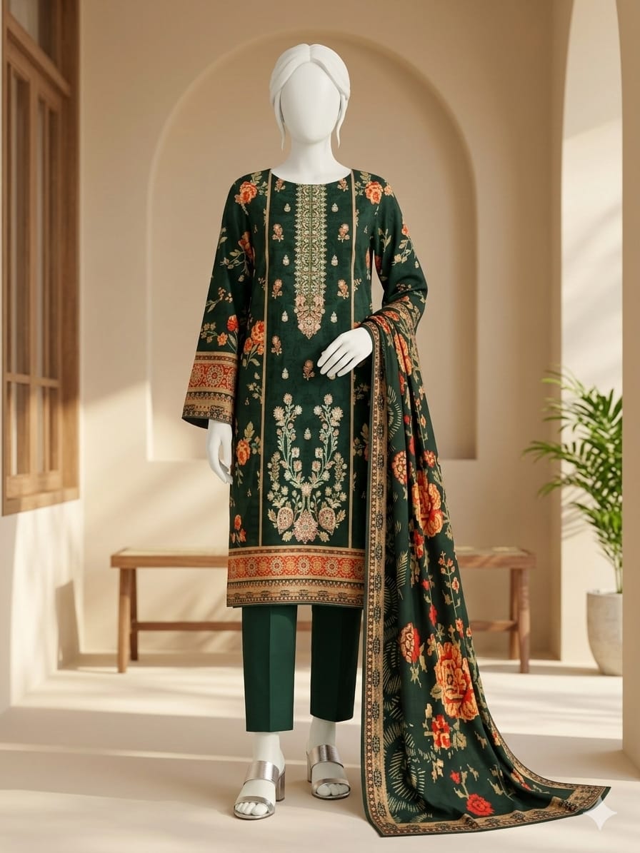 Mannequin wearing a dark green embroidered outfit with floral patterns in a bright room.